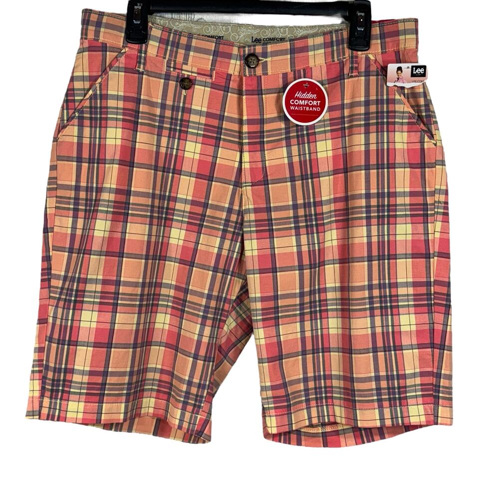 Lee SZ 12 Medium Santorini Plaid Bermuda Shorts Comfort Fit Stretch Flat Front